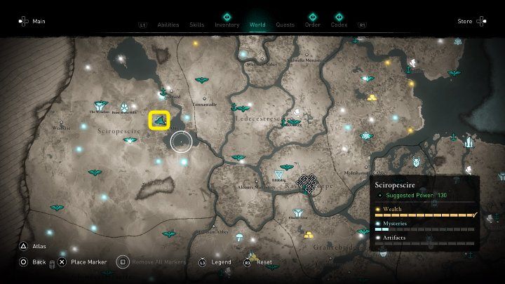 W miejscu zaznaczonym na powyższym obrazku natkniesz się na zwłoki mężczyzny, które o dziwo potrafią mówić - Assassins Creed Valhalla: Głos z zaświatów (Sciropescire)/The Puppeteer - solucja - Assassins Creed Valhalla - poradnik do gry