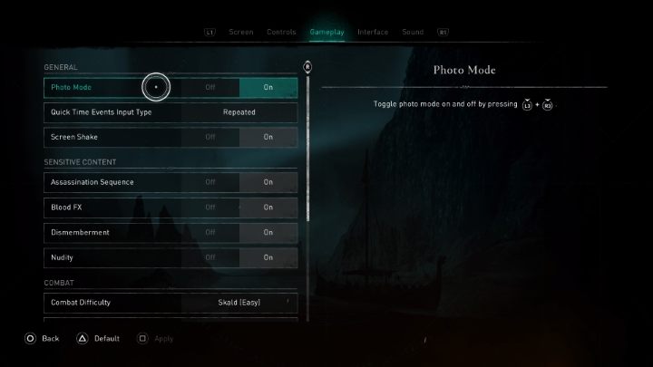 Na początku warto sprawdzić czy tryb fotograficzny jest aktywny w opcjach gry w zakładce Rozgrywka (Gameplay) - Assassins Creed Valhalla: Jak używać trybu fotograficznego? - Assassins Creed Valhalla - poradnik do gry