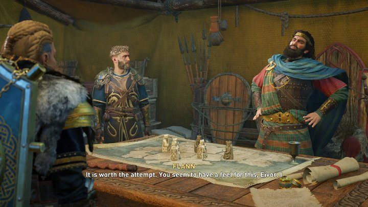 Udajcie się do namiotu strategicznego i porozmawiajcie z Baridem, a po chwili dołączy do Was Flann - AC Valhalla Gniew Druidów: Przyczółek w Connachcie - solucja - Assassins Creed Valhalla - poradnik do gry