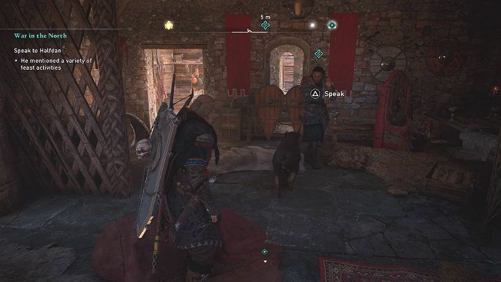 Jeśli chcesz, możesz wziąć udział w wielu aktywnościach związanych z ucztą (tańce, walka na pięści) lub od razu udać się na prywatną rozmowę z Halfdanem - Assassins Creed Valhalla: Wojna na północy/War in the North - solucja - Assassins Creed Valhalla - poradnik do gry