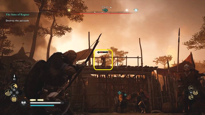 W pierwszej kolejności pozbądź się łuczników stojących na górze palisady, by nie ostrzeliwali Twojego bohatera w trakcie niszczenia drewnianych wrót - Assassins Creed Valhalla: Synowie Ragnara/The Sons of Ragnar - solucja - Assassins Creed Valhalla - poradnik do gry