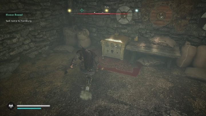 Aby dostać się do skrzyni z wyposażeniem musisz wskoczyć do dziury, która znajduje się pomiędzy drewnianymi deskami - Assassins Creed Valhalla: Wyposażenie - Rygjafylke, sekrety, lokacje - Assassins Creed Valhalla - poradnik do gry