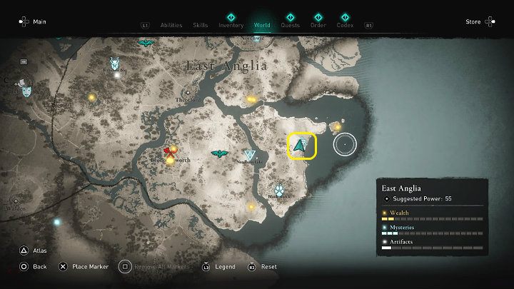 W miejscu zaznaczonym na powyższym obrazku spotkasz kobietę o imieniu Rada, która klęcząc przed drzwiami chaty prosi jasnowidza o magiczny eliksir, by uratować swoją rodzinę przed głodem - Assassins Creed Valhalla: Życiodajna krew/Life-Blood - solucja, opis przejścia - Assassins Creed Valhalla - poradnik do gry