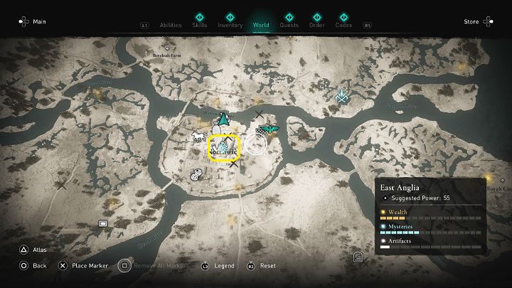 W miejscu zaznaczonym na powyższym obrazku, w środku długiego domu spotkasz kobietę, która podziwia tron naszpikowany strzałami - Assassins Creed Valhalla: Strzały Edmunda/Edmunds Arrows - solucja - Assassins Creed Valhalla - poradnik do gry