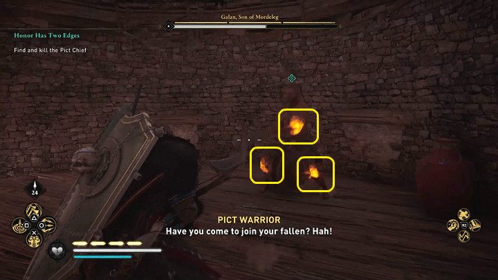 Przeciwnik ma trzy słabe punkty: lewy biceps, prawe kolano, lewe kolano - Assassins Creed Valhalla: Dwa ostrza honoru/Honor Has Two Edges - solucja - Assassins Creed Valhalla - poradnik do gry