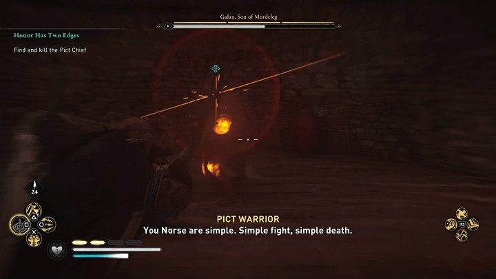 Jeśli chcesz walczyć w tradycyjny sposób pamiętaj, by unikać lub blokować ataki przeciwnika, które sygnalizowane są żółtym rozbłyskiem runy - Assassins Creed Valhalla: Dwa ostrza honoru/Honor Has Two Edges - solucja - Assassins Creed Valhalla - poradnik do gry