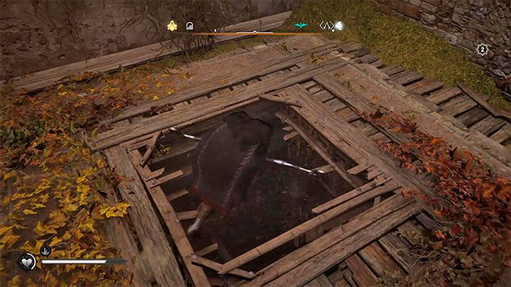 Rozejrzyj się w pobliżu znacznika kryjówki za pokazanym na obrazku 1 wiszącym ładunkiem - Assassins Creed Valhalla: Ledecestre - Ratae Assassin Bureau - Assassins Creed Valhalla - poradnik do gry