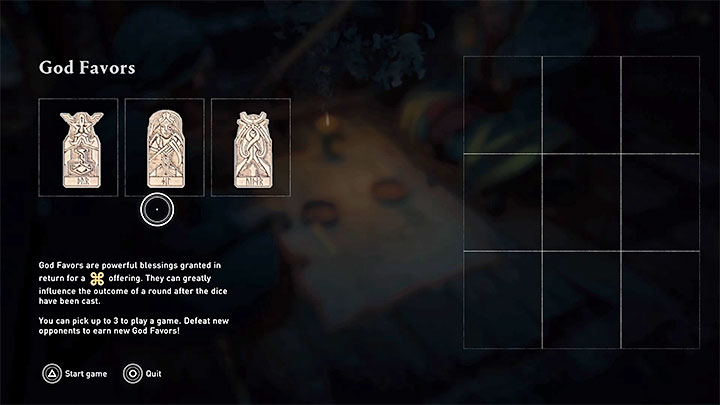 W momencie przystępowania do każdej gry możesz wybrać maksymalnie trzy łaski Bogów (God Favors) - Assassins Creed Valhalla: Jak wygrywać w kości (Orlog)? - Assassins Creed Valhalla - poradnik do gry