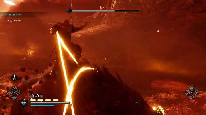 Gdy zdrowie Fenrira spadnie o około 1/3 paska, będziesz mógł chwycić za Gleipnir i mocniej związać przeciwnika - Assassins Creed Valhalla: Okowy losu/Binding Fate - solucja, opis przejścia - Assassins Creed Valhalla - poradnik do gry