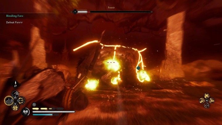Trzymaj przeciwnika na dystans i strzelaj w jego słabe punkty lub utrzymuj pozycję za jego tylnymi łapami i atakuj bronią białą, a po jakimś czasie pozbawisz Fenrira reszty punktów zdrowia - Assassins Creed Valhalla: Okowy losu/Binding Fate - solucja, opis przejścia - Assassins Creed Valhalla - poradnik do gry