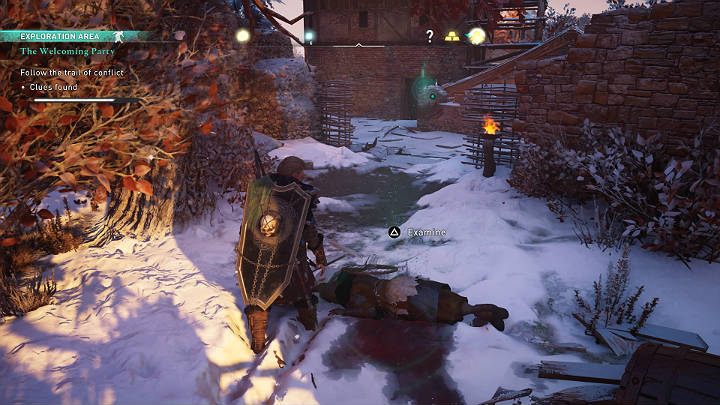 Kolejny wskazówkę znajdziesz nieco dalej z prawej strony - zwłoki jednego ze złodziei, a ślad biegnie dalej w kierunku pobliskiego budynku - Assassins Creed Valhalla: Gorące powitanie/The Welcoming Party - solucja - Assassins Creed Valhalla - poradnik do gry