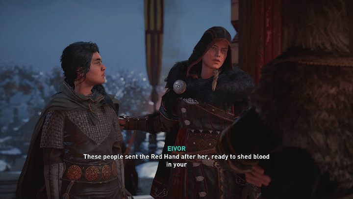 Gdy dojdziecie do królewskiej siedziby obejrzysz przerywnik filmowy w którym Eivor ostrzega Hjorra przed trzema osobami, sprzedajnymi i śmiertelnie niebezpiecznymi, którzy działają na rozkaz Zakonu Starożytnych: Igła (The Needle), Żagiew (The Firebrand), Skarbnik (The Vault) - Assassins Creed Valhalla: Gorące powitanie/The Welcoming Party - solucja - Assassins Creed Valhalla - poradnik do gry
