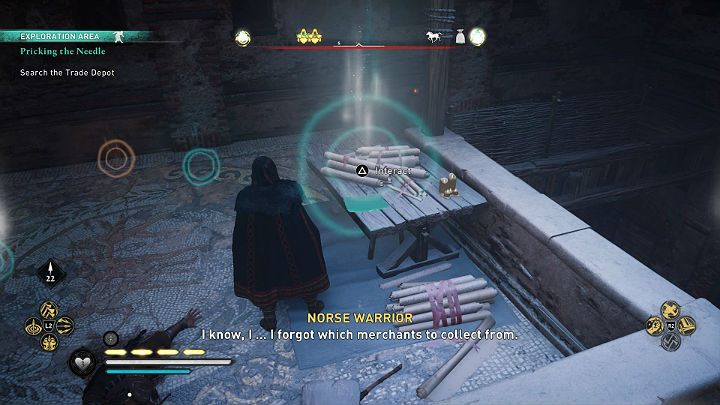 Gdy zbadasz jeden z dokumentów leżących na górnym poziomie pomieszczenia dowiesz się, że skargi kupców nigdy nie dotarły do rady - Assassins Creed Valhalla: Nawlec Igłę/Prickling the Needle - solucja - Assassins Creed Valhalla - poradnik do gry