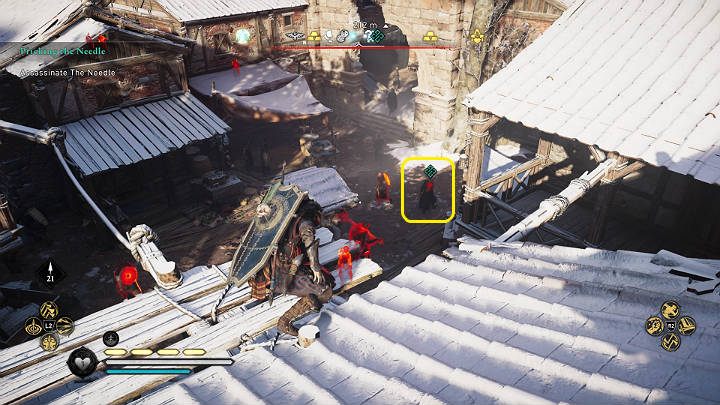 Igła (The Needle) przebywa w towarzystwie wielu strażników, ale łatwo możesz go dopaść atakując od góry - Assassins Creed Valhalla: Nawlec Igłę/Prickling the Needle - solucja - Assassins Creed Valhalla - poradnik do gry