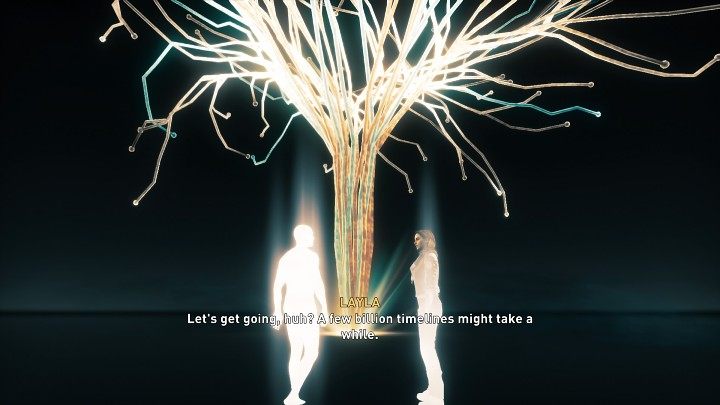 Layla zajmuje miejsce Basima w symulacji, gdzie spotyka świetlistą postać Odczytującego (The Reader), która poświęciła się badaniom wszystkich możliwych wariantów przyszłości, które pozwolą mu na powstrzymanie końca świata - Assassins Creed Valhalla: Czasy współczesne - zakończenie - Assassins Creed Valhalla - poradnik do gry