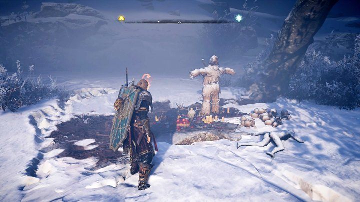 Wdrap się na szczyt góry, gdzie rośnie pochylone drzewo, wyciągnij pochodnię i podpal słomianego żołnierza - Assassins Creed Valhalla: Legenda gór/The Myth in the Mountains - solucja - Assassins Creed Valhalla - poradnik do gry