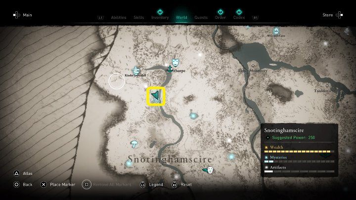 W miejscu zaznaczonym na powyższym obrazku spotkasz wikińskie dziecko, które próbuje z głazów zbudować kamiennego olbrzyma, jednak nie może poradzić sobie z tym zadaniem - Assassins Creed Valhalla: Kamienny olbrzym/Stoneman - solucja, opis przejścia - Assassins Creed Valhalla - poradnik do gry