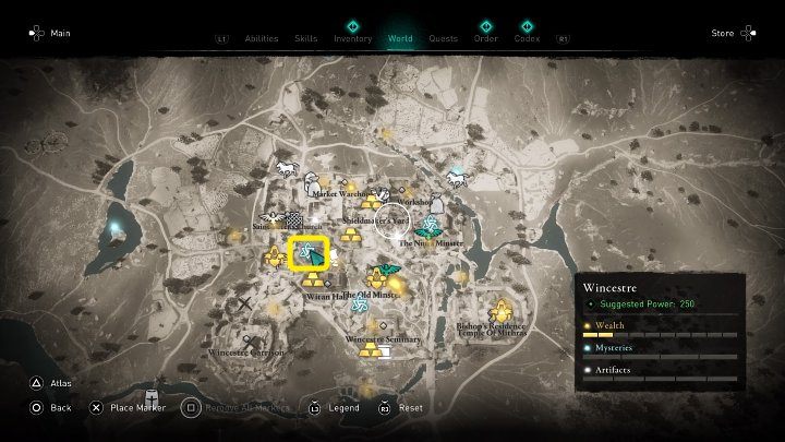 W miejscu zaznaczonym na powyższym obrazku spotkasz Cedrica, który wygraża zamkniętemu w domu mężczyźnie i chce odzyskać klejnot Aelfreda - Assassins Creed Valhalla: Klejnot Aelfreda/Aelfreds Jewel - solucja - Assassins Creed Valhalla - poradnik do gry