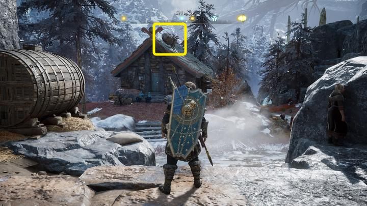 Po lewej stronie, na dachu jednego z budynków znajdziesz połamany drewniany wóz - to druga wskazówka, którą należy zbadać - Assassins Creed Valhalla: Córki Aegira/Aegirs Daughters - solucja - Assassins Creed Valhalla - poradnik do gry