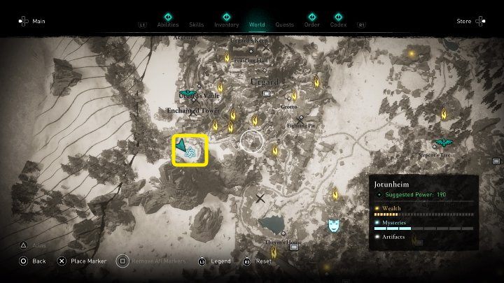 W miejscu zaznaczonym na powyższym obrazku spotkasz dwóch potężnych Jotuńskich bliźniaków: Kala oraz Vindr - Assassins Creed Valhalla: Zimowe olbrzymy/The Giants of Fimbulwinter - solucja - Assassins Creed Valhalla - poradnik do gry