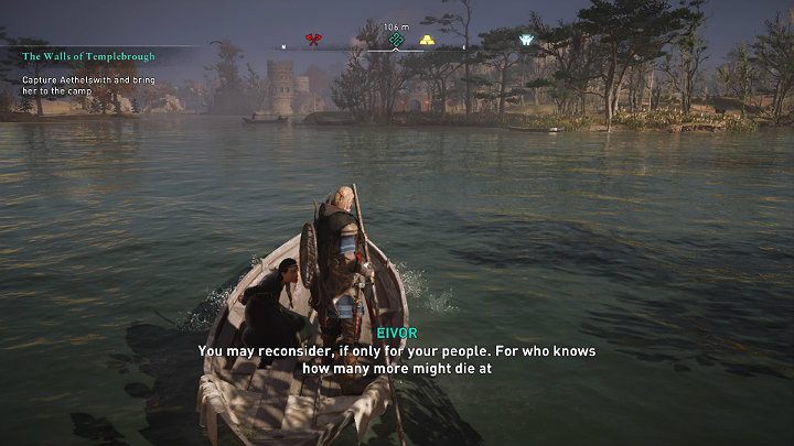 Gdy dopłyniesz do brzegu będziesz musiał stoczyć pojedynek z dwoma mocniejszymi przeciwnikami i kilkoma zwykłymi żołnierzami - Assassins Creed Valhalla: Mury Templebrough - solucja, opis przejścia - Assassins Creed Valhalla - poradnik do gry