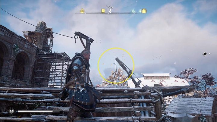 Początek: Kartka znajduje się na drewnianych dźwigach trzymających ładunki - Assassins Creed Valhalla: Karta niesiona wiatrem - Jorvik, sekrety, lokacje - Assassins Creed Valhalla - poradnik do gry