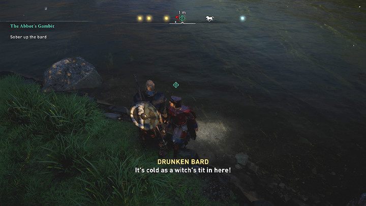 Podnieś mężczyznę, a następnie zanurz go w rzece, a od razu otrzeźwieje i będziesz mógł z nim porozmawiać - Assassins Creed Valhalla: Gambit opata/The Abbots Gambit - solucja - Assassins Creed Valhalla - poradnik do gry