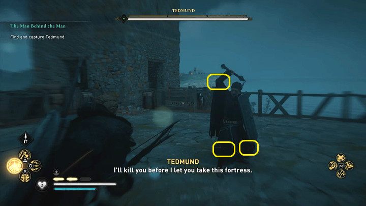 Tedmund walczy korbaczem i używa ciężkiej tarczy do blokowania i parowania ciosów lub dwoma korbaczami jednocześnie - może zmieniać style walki - Assassins Creed Valhalla: Kto pociąga za sznurki - solucja, opis przejścia - Assassins Creed Valhalla - poradnik do gry