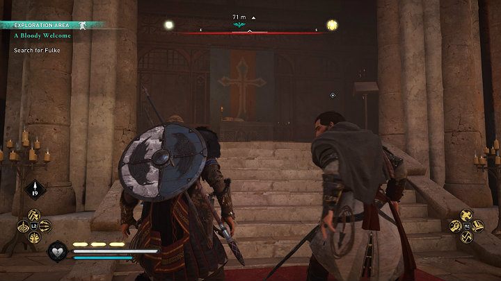 Następnie wejdź we wnękę z zielono-czerwoną flagą z wizerunkiem krzyża i idź przed siebie, a dojdziesz do zejścia do krypty - Assassins Creed Valhalla: Krwawe powitanie/A Bloody Welcome - solucja - Assassins Creed Valhalla - poradnik do gry