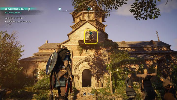 W pewnym momencie Finnr wejdzie na dach i trzeba będzie go stamtąd ściągnąć - Assassins Creed Valhalla: Zaślubiny/Wedding Horns - solucja, opis przejścia - Assassins Creed Valhalla - poradnik do gry