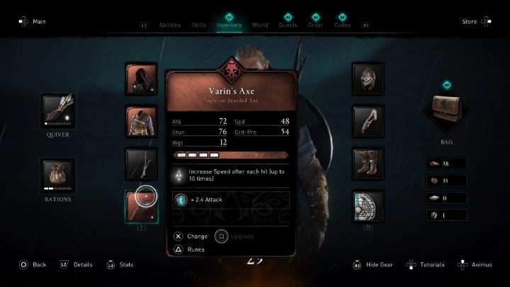 Na koniec warto wspomnieć o unikalnych cechach broni - możesz ją sprawdzić najeżdżając na broń w ekwipunku - Assassins Creed Valhalla: Ekwipunek - Assassins Creed Valhalla - poradnik do gry