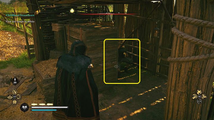 Za skrzyniami w prowizorycznej komórce ukrywa się Eluric - brat Alfidy - Assassins Creed Valhalla: Młodzieńcza miłość/Childhood Sweetheart - solucja - Assassins Creed Valhalla - poradnik do gry