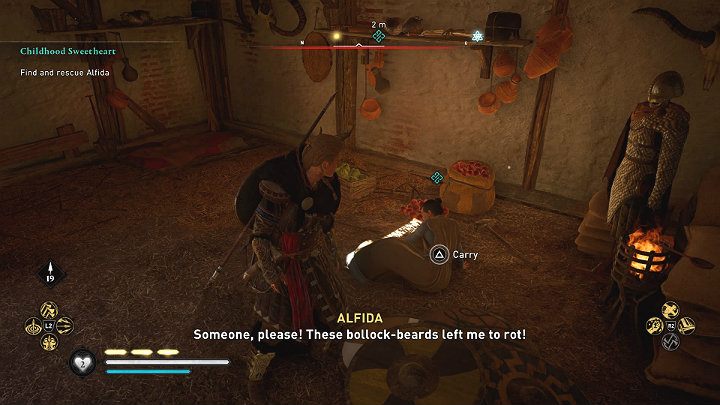 Wejdź do budynku i weź Alfidę na plecy (sama nie może iść, bo ma skręconą kostkę), a następnie wynieś ją poza teren obozu - Assassins Creed Valhalla: Młodzieńcza miłość/Childhood Sweetheart - solucja - Assassins Creed Valhalla - poradnik do gry