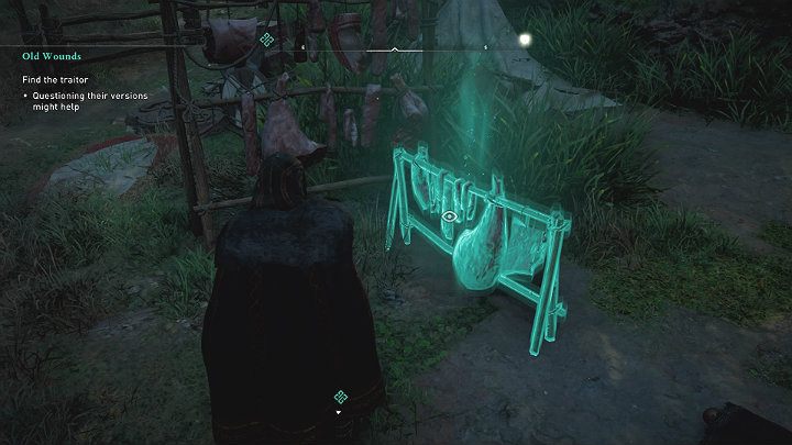 Użyj ponownie Wzroku Odyna i podejdź do wieszaka na którym suszy się mięso - Assassins Creed Valhalla: Dawne rany (Old Wounds) - solucja, opis przejścia - Assassins Creed Valhalla - poradnik do gry