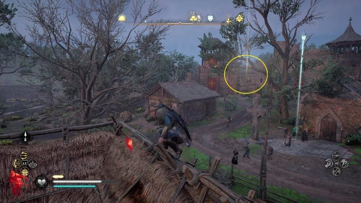 Początek: Kartka znajduje się drewnianej kolumnie, postawionej przed jednym z domów - Assassins Creed Valhalla: Karta niesiona wiatrem - Cent, sekrety, lokacje - Assassins Creed Valhalla - poradnik do gry