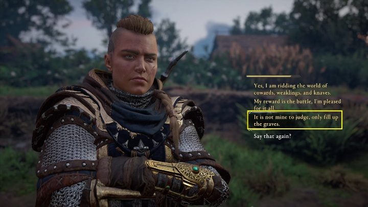 Kolejna odpowiedz to numer 3 - jako, że mężczyzna nie popiera twojej wojowniczej natury zwróć uwagę na to, że to nie ty wydajesz wyroki, jedynie je wykonujesz - Assassins Creed Valhalla: Pyskówka - Hamtunscire, sekrety, lokacje - Assassins Creed Valhalla - poradnik do gry