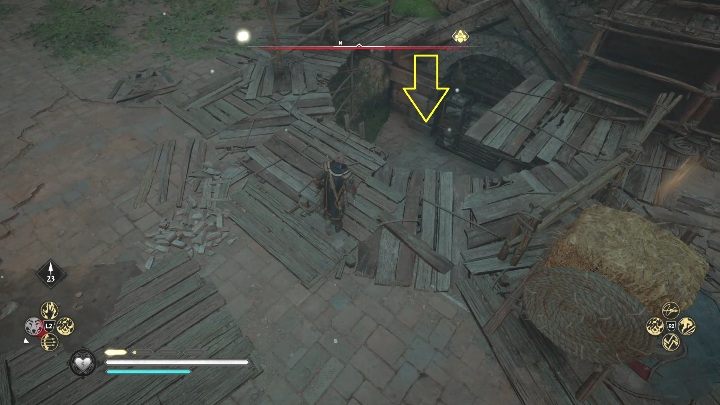 Twoim pierwszym zadaniem jest wskoczenie do dziury w ziemi, łatwo ją znaleźć ponieważ otoczona jest połamanymi deskami - Assassins Creed Valhalla: Wyposażenie - Hamtunscire, sekrety, lokacje - Assassins Creed Valhalla - poradnik do gry