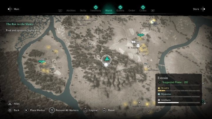 Lokacja przeklętego miejsca: w środkowej części regionu, pomiędzy dwoma punktami synchronizacji - AC Valhalla Oblężenie Paryża: Przeklęty symbol, Evresin - sekrety, lokacje - Assassins Creed Valhalla - poradnik do gry