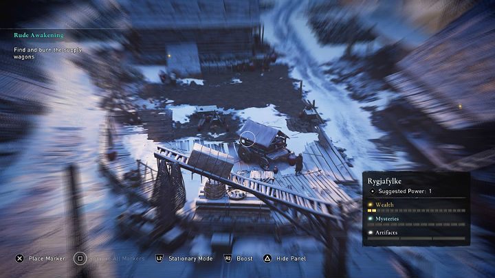 Twoim głównym celem jest zlokalizowanie i spalenie kilku wozów z zaopatrzeniem - umiejscowiono je po obydwu stronach wioski, a także na samym końcu, niedaleko wejścia do jaskini - Assassins Creed Valhalla: Brutalna pobudka/Rude Awakening - solucja - Assassins Creed Valhalla - poradnik do gry