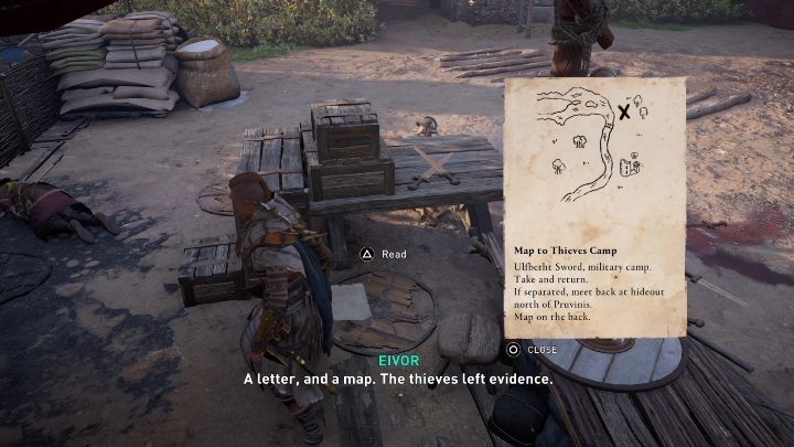Wystarczy, że znajdziecie mapę, która leży na zniszczonej tarczy, koło drewnianego stołu - AC Valhalla Oblężenie Paryża: Ulfberht Sword - solucja, Melunois - Assassins Creed Valhalla - poradnik do gry
