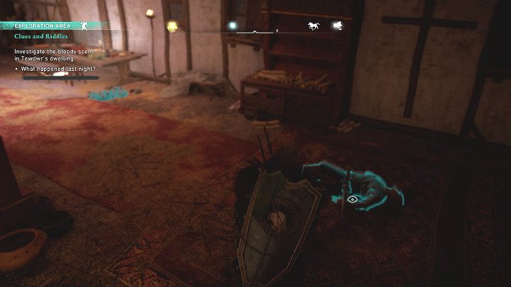 Po ciężkiej nocy Eivor budzi się w chacie Tewdwra i zauważa, że na podłodze leży zakrwawiony strażnik - Assassins Creed Valhalla: Zagadki i wskazówki/Clues and Riddles - solucja - Assassins Creed Valhalla - poradnik do gry