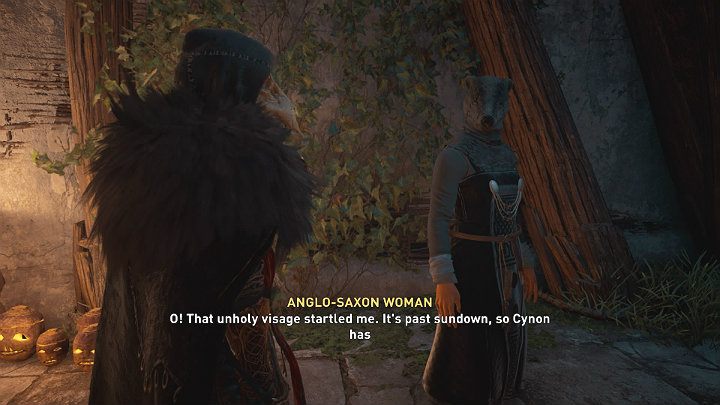 Wyjdź na zewnątrz i porozmawiaj z kobietą w masce, a dowiesz się, że jest już późno więc Cynon udał się do kościoła na modły - Assassins Creed Valhalla: Zdradzona miłość/A Love Betrayed - solucja - Assassins Creed Valhalla - poradnik do gry