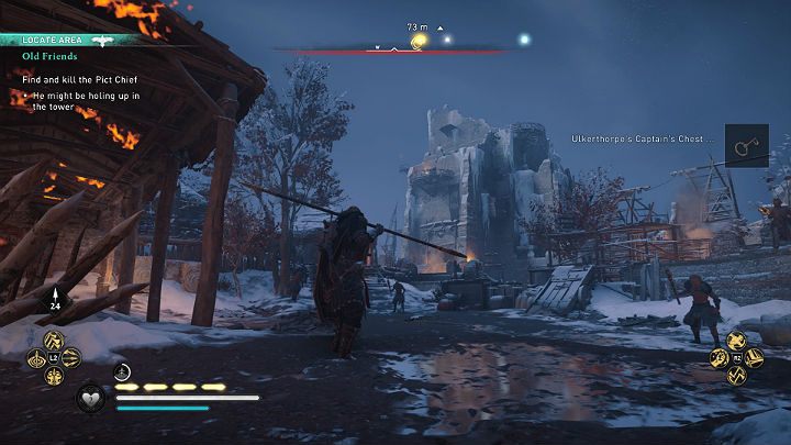 Idąc przez dziedziniec, a następnie wchodząc na szczyt wieży schodami zwrócisz na siebie uwagę strażników dlatego najprostsza droga na szczyt prowadzi po zewnętrznej ścianie konstrukcji - Assassins Creed Valhalla: Starzy przyjaciele/Old Friends - solucja - Assassins Creed Valhalla - poradnik do gry