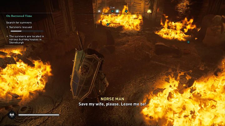 Ocalałych mieszkańców znajdziesz w palących się chatach i innych budynkach - Assassins Creed Valhalla: Ostatnie chwile beztroski/On Borrowed Time - solucja - Assassins Creed Valhalla - poradnik do gry