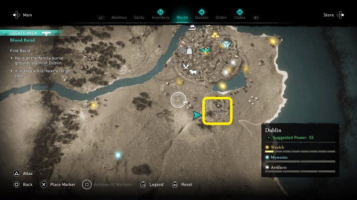 Pozycja Barida nie będzie oznaczona na mapie świata, dlatego dla ułatwienia oznaczyliśmy ją na powyższym obrazku - Assassins Creed Valhalla Gniew Druidów: Więzy krwi/Blood Bond - solucja - Assassins Creed Valhalla - poradnik do gry