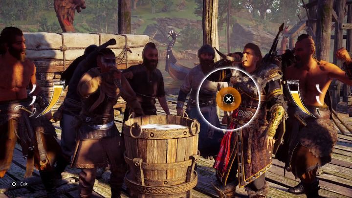 Amę w towarzystwie dwóch innych wojowników znajdziecie w porcie i będziecie musieli zmierzyć się z nią w pojedynku na picie - AC Valhalla Gniew Druidów: Na tropie Thorsteina/Snaring Thorstein - solucja - Assassins Creed Valhalla - poradnik do gry