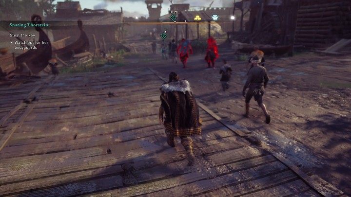 To zadanie nie należy do najłatwiejszych, ponieważ musicie ukraść klucz Amie w taki sposób, aby nie zwrócić uwagi jej ochroniarzy - AC Valhalla Gniew Druidów: Na tropie Thorsteina/Snaring Thorstein - solucja - Assassins Creed Valhalla - poradnik do gry