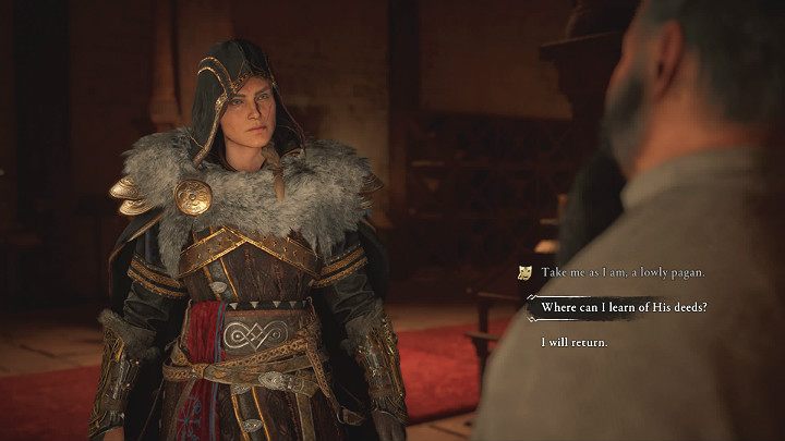 Jeśli zdobyłeś 4 poziom charyzmy możesz od razu przekonać mnicha, że jesteś odpowiednim człowiekiem do wykonania tego zadania - Assassins Creed Valhalla: Szeryf z Wincestre/The Reeve of Wincestre - solucja - Assassins Creed Valhalla - poradnik do gry