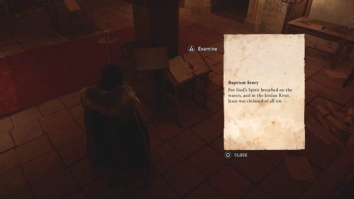 Pierwszą cenną informację, historię chrztu (Baptism Story), znajdziesz na drewnianym pulpicie po prawej stronie mnicha - Assassins Creed Valhalla: Szeryf z Wincestre/The Reeve of Wincestre - solucja - Assassins Creed Valhalla - poradnik do gry