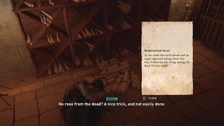 Druga informację, historię zmartwychwstania (Resurrection Story), znajdziesz w pomieszczeniu w którym przechowywane są liczne zwoje - Assassins Creed Valhalla: Szeryf z Wincestre/The Reeve of Wincestre - solucja - Assassins Creed Valhalla - poradnik do gry